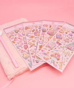 Bewaltz Stationery Pink Furry Notebook, Cat Paw Pen And Sticker Set